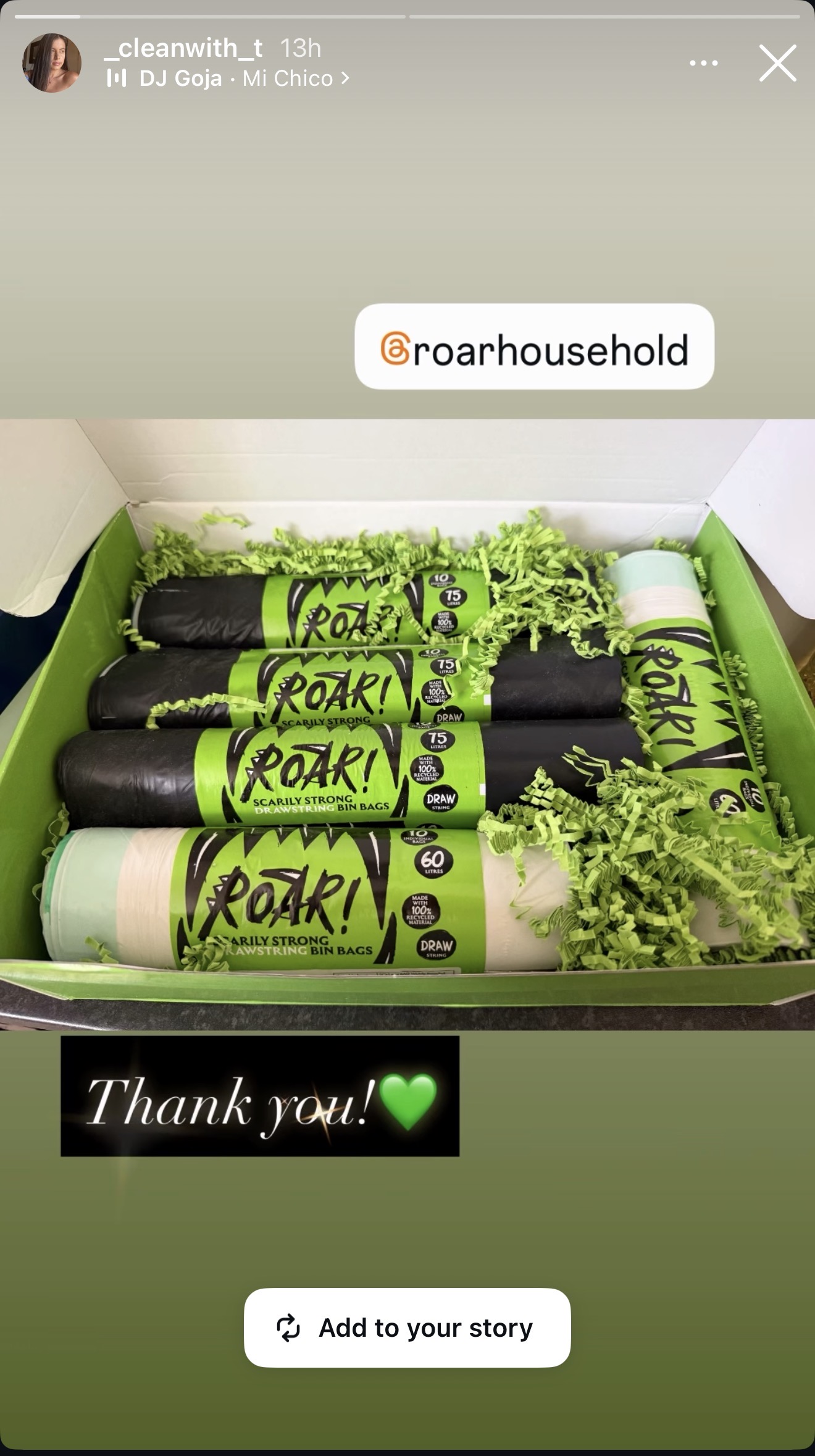 Instagram story from @_cleanwith_t showing a box of Roar! bin bags with a thank you note